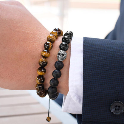 Single Skull Stretch Bracelet with 10mm Matte and Polished Black Onyx Beads