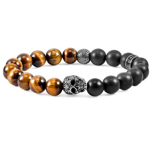 Single Skull Stretch Bracelet with 10mm Matte Black Onyx and Tiger Eye Beads