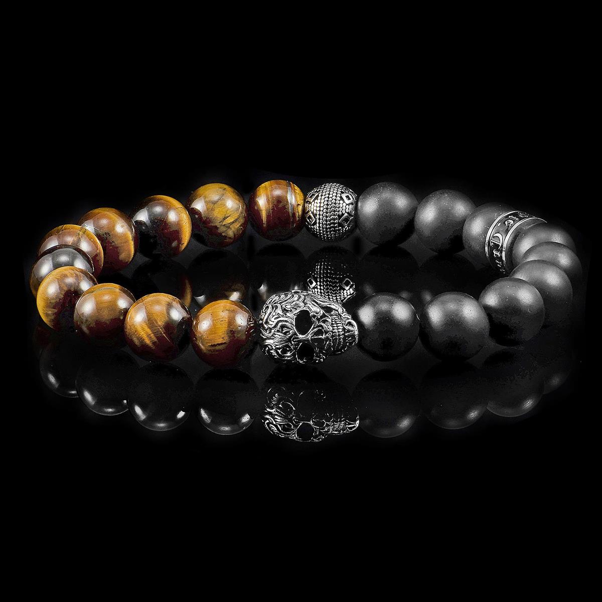 Single Skull Stretch Bracelet with 10mm Matte Black Onyx and Tiger Eye Beads