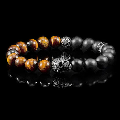 Single Skull Stretch Bracelet with 10mm Matte Black Onyx and Tiger Eye Beads