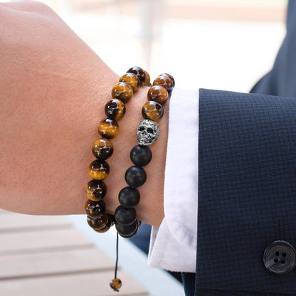 Single Skull Stretch Bracelet with 10mm Matte Black Onyx and Tiger Eye Beads