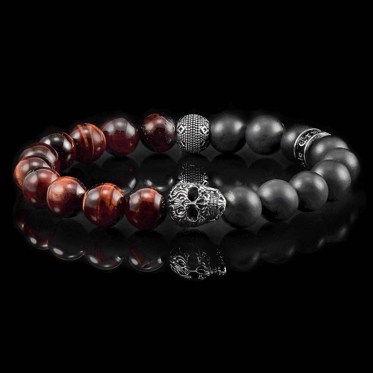 Single Skull Stretch Bracelet with 10mm Matte Black Onyx and Red Tiger Eye Beads