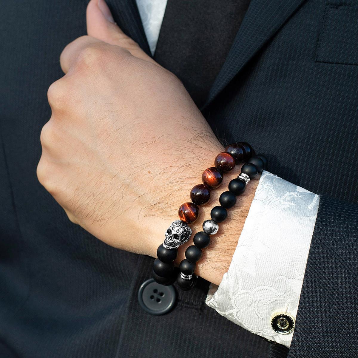 Single Skull Stretch Bracelet with 10mm Matte Black Onyx and Red Tiger Eye Beads