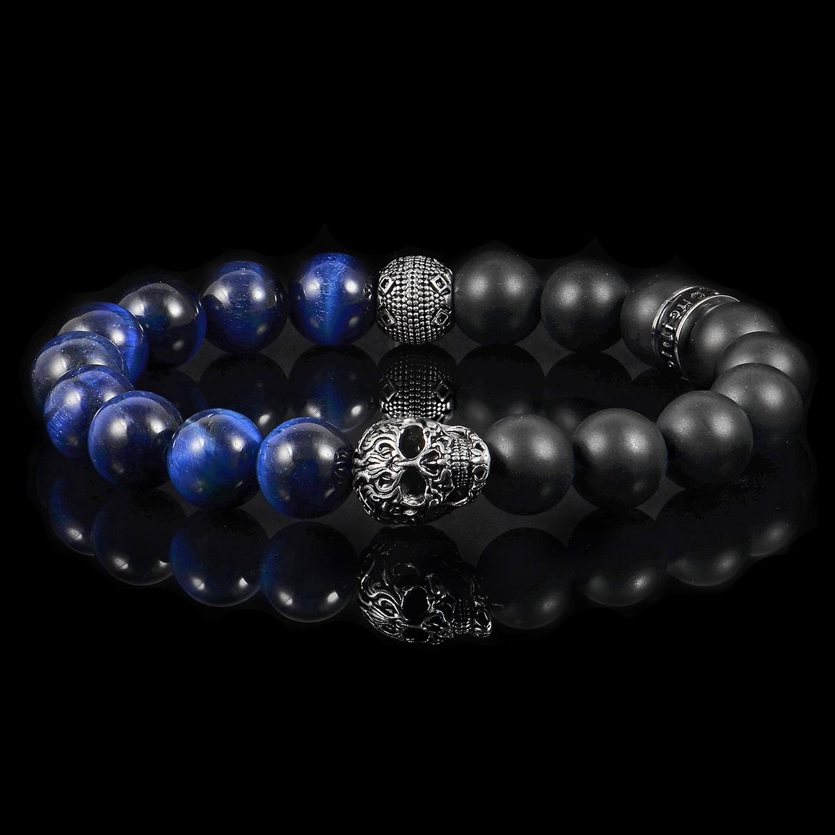 Single Skull Stretch Bracelet with 10mm Matte Black Onyx and Blue Tiger Eye Beads