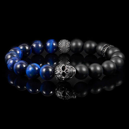 Single Skull Stretch Bracelet with 10mm Matte Black Onyx and Blue Tiger Eye Beads