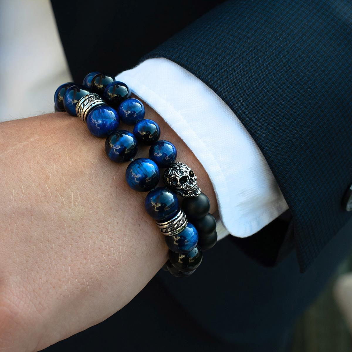 Single Skull Stretch Bracelet with 10mm Matte Black Onyx and Blue Tiger Eye Beads