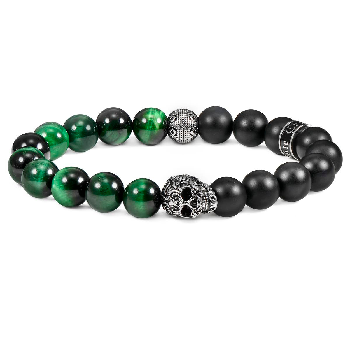 Single Skull Stretch Bracelet with 10mm Matte Black Onyx and Green Tiger Eye Beads