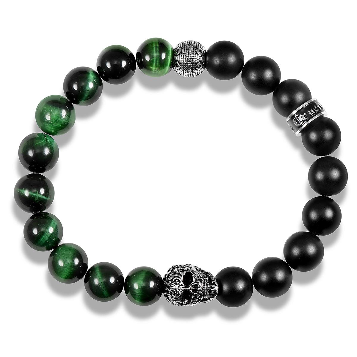 Single Skull Stretch Bracelet with 10mm Matte Black Onyx and Green Tiger Eye Beads