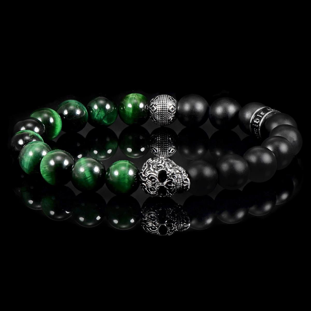 Single Skull Stretch Bracelet with 10mm Matte Black Onyx and Green Tiger Eye Beads