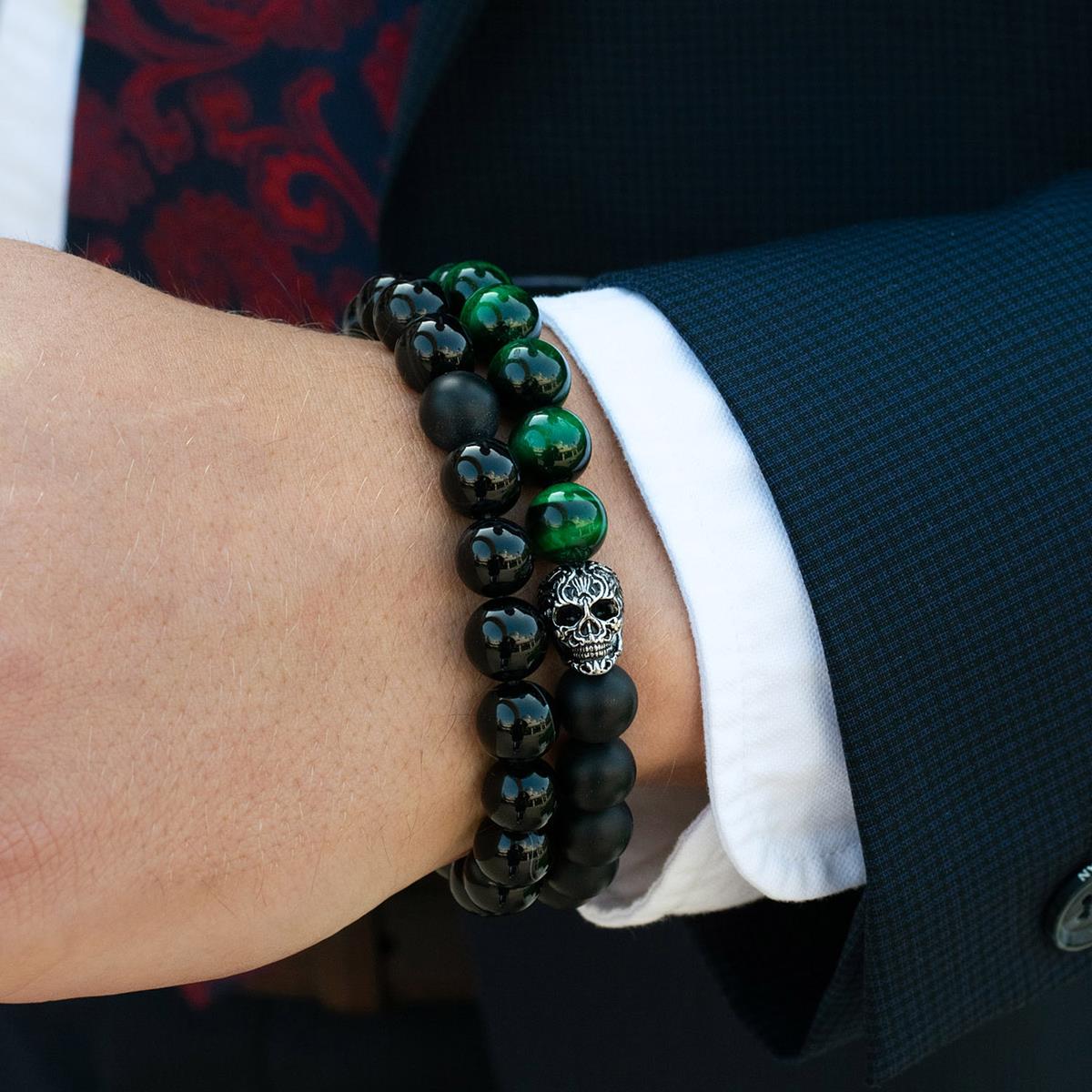 Single Skull Stretch Bracelet with 10mm Matte Black Onyx and Green Tiger Eye Beads