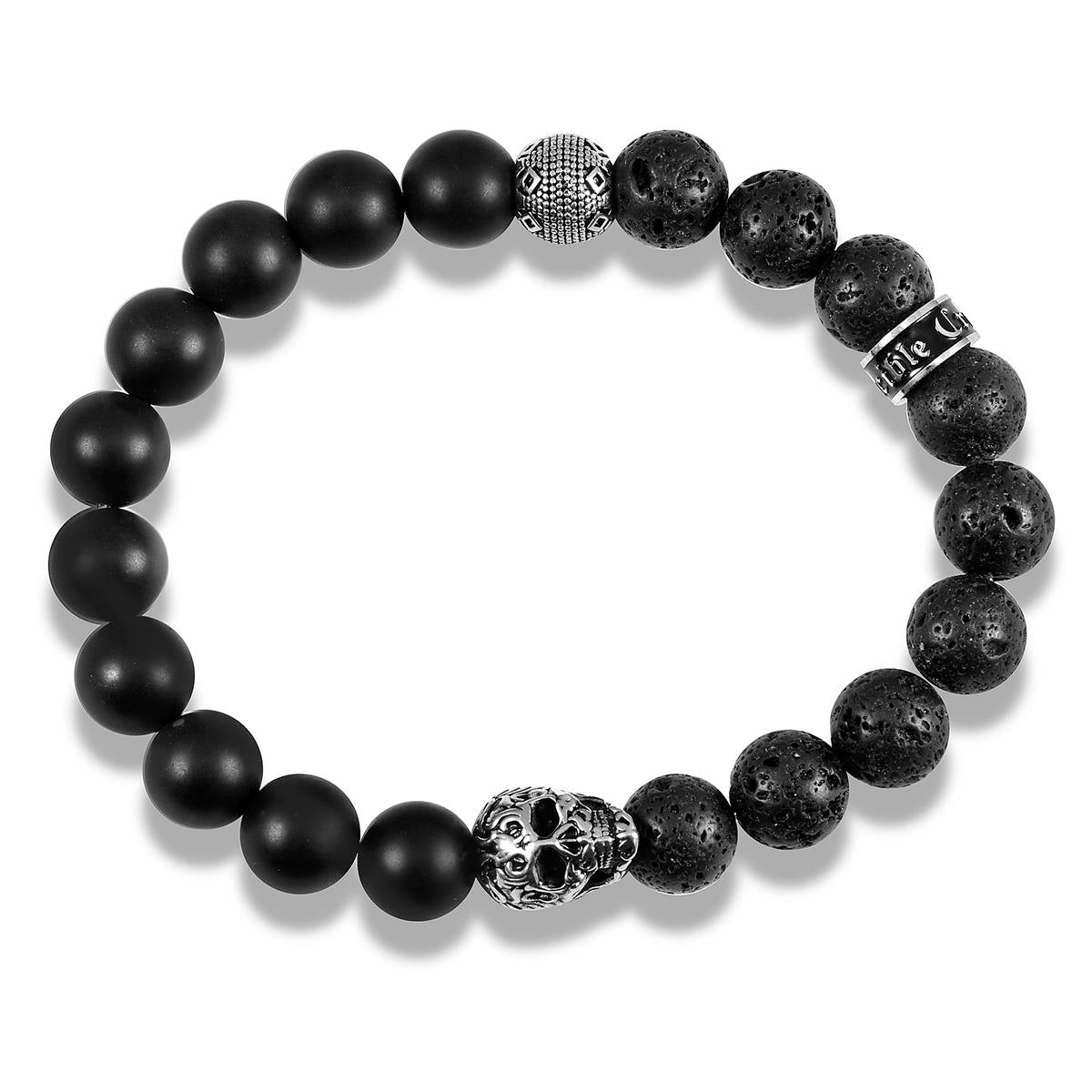 Single Skull Stretch Bracelet with 10mm Matte Black Onyx and Black Lava Beads