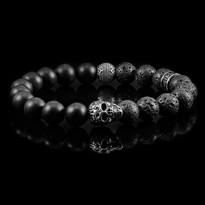 Single Skull Stretch Bracelet with 10mm Matte Black Onyx and Black Lava Beads