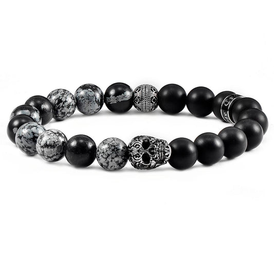 Crucible Jewelry Single Skull Stretch Bracelet with 10mm Matte Black Onyx and Snowflake Agate Beads