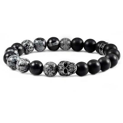 Single Skull Stretch Bracelet with 10mm Matte Black Onyx and Snowflake Agate Beads