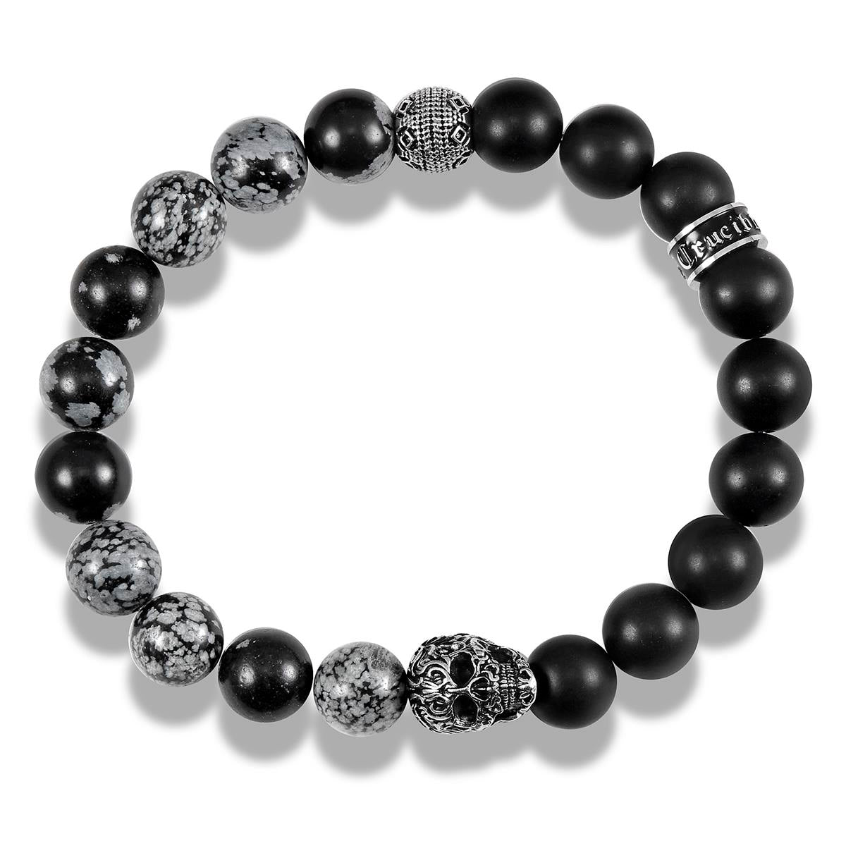 Single Skull Stretch Bracelet with 10mm Matte Black Onyx and Snowflake Agate Beads