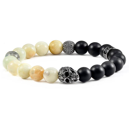 Single Skull Stretch Bracelet with 10mm Matte Black Onyx and Amazonite Beads