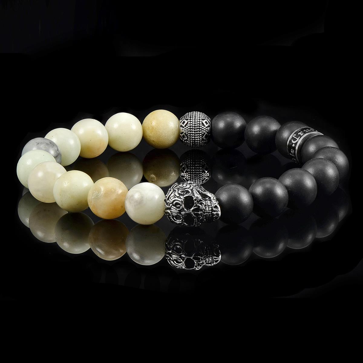 Single Skull Stretch Bracelet with 10mm Matte Black Onyx and Amazonite Beads