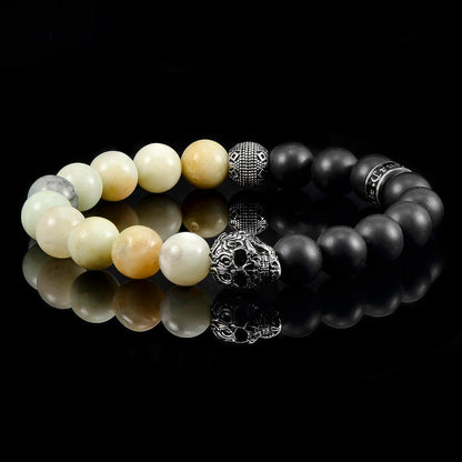 Single Skull Stretch Bracelet with 10mm Matte Black Onyx and Amazonite Beads