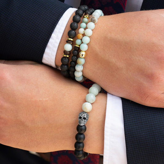 Crucible Jewelry Single Skull Stretch Bracelet with 10mm Matte Black Onyx and Amazonite Beads