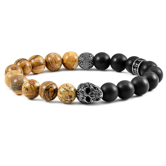 Crucible Jewelry Single Skull Stretch Bracelet with 10mm Matte Black Onyx and Picture Jasper Beads