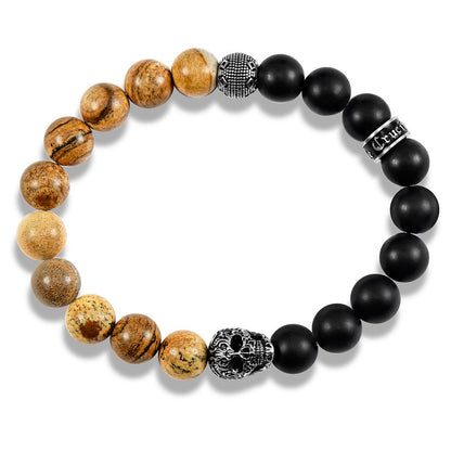 Single Skull Stretch Bracelet with 10mm Matte Black Onyx and Picture Jasper Beads