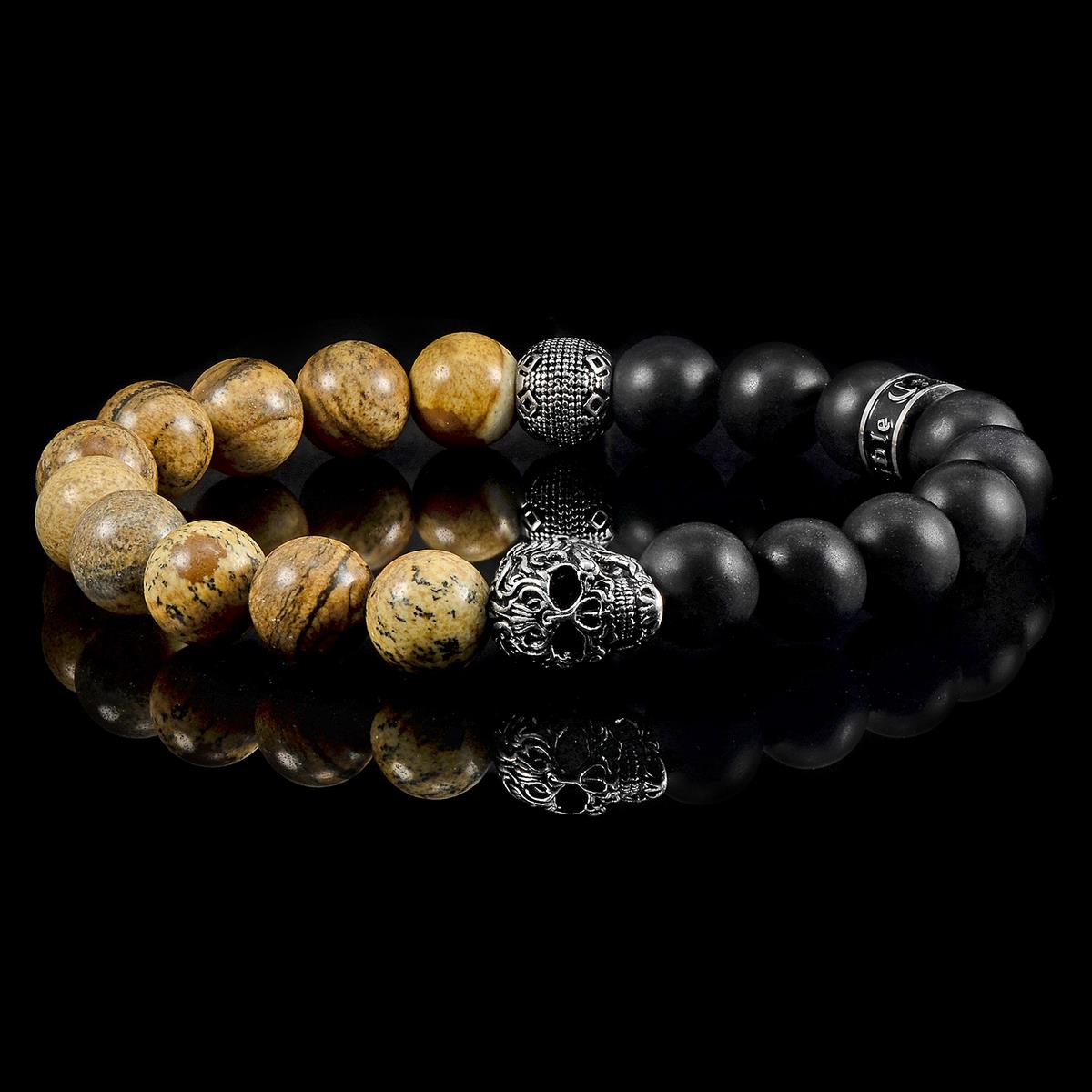 Single Skull Stretch Bracelet with 10mm Matte Black Onyx and Picture Jasper Beads