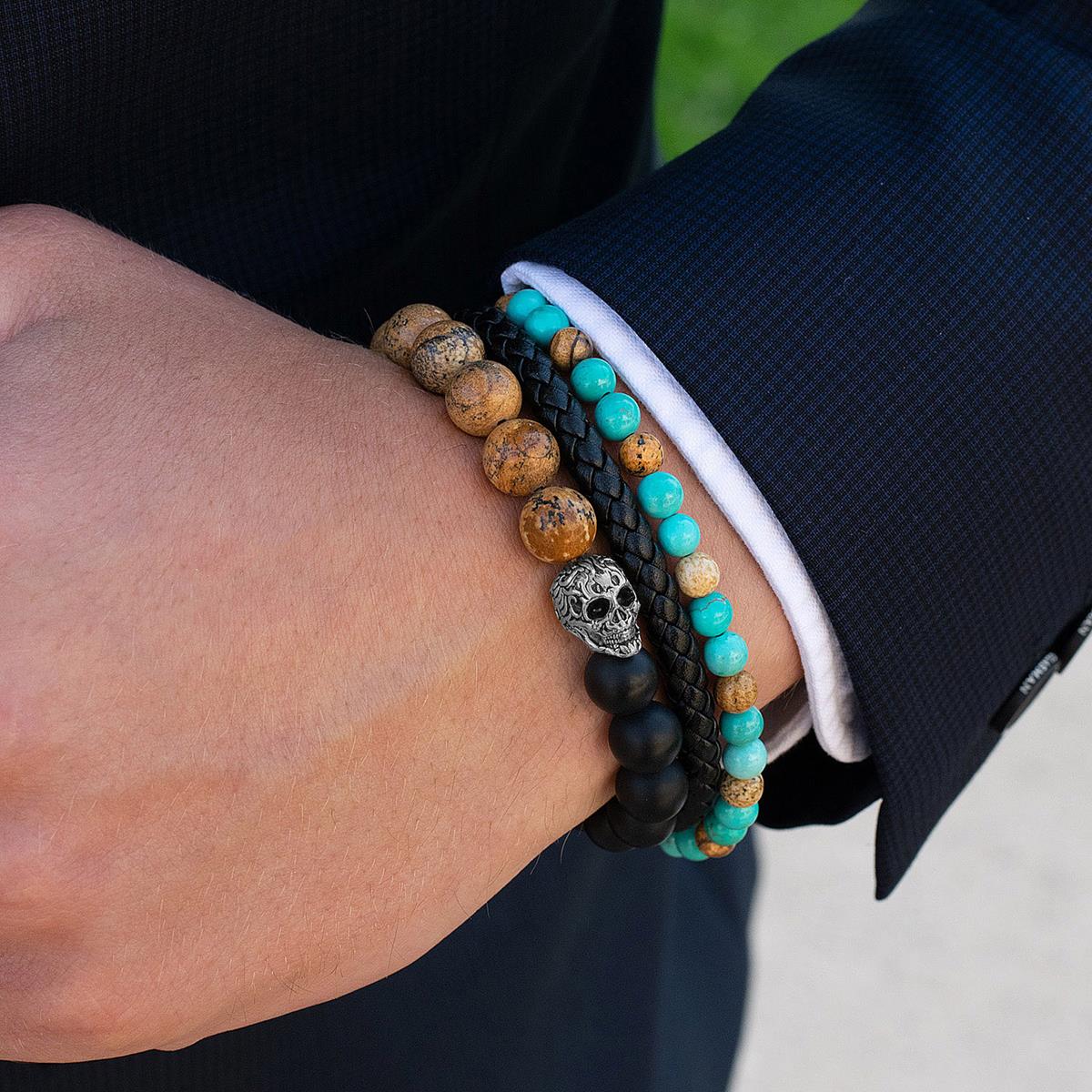 Single Skull Stretch Bracelet with 10mm Matte Black Onyx and Picture Jasper Beads