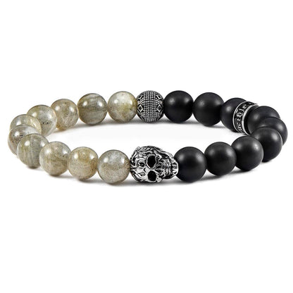 Single Skull Stretch Bracelet with 10mm Matte Black Onyx and Labradorite Beads