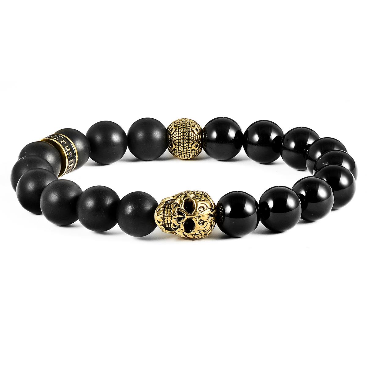 Crucible Jewelry Single Gold Skull Stretch Bracelet with 10mm Matte and Polished Black Onyx Beads