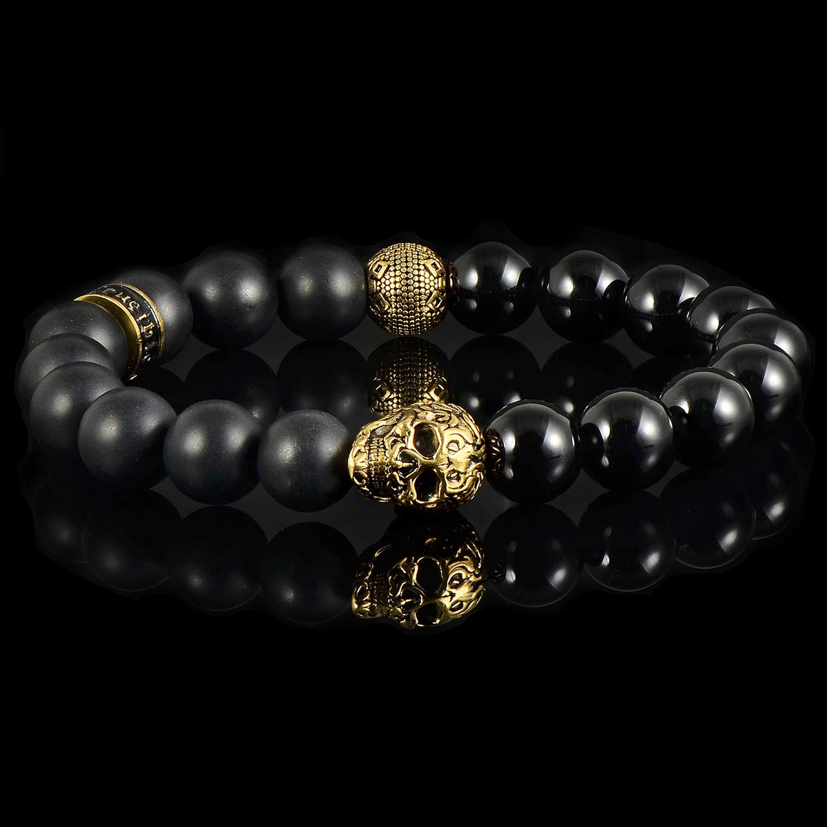 Single Skull Stretch Bracelet with 10mm Matte and Polished Black Onyx Beads