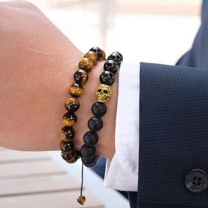 Single Skull Stretch Bracelet with 10mm Matte and Polished Black Onyx Beads