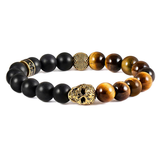Crucible Jewelry Single Gold Skull Stretch Bracelet with 10mm Matte Black Onyx and Tiger Eye Beads