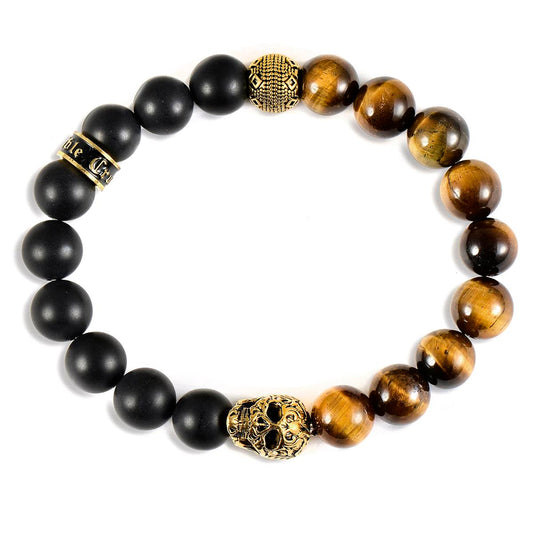 Crucible Jewelry Single Gold Skull Stretch Bracelet with 10mm Matte Black Onyx and Tiger Eye Beads