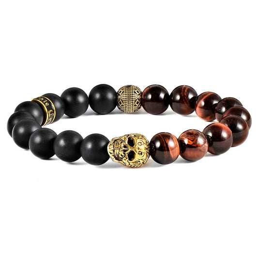 Crucible Jewelry Single Gold Skull Stretch Bracelet with 10mm Matte Black Onyx and Red Tiger Eye Beads