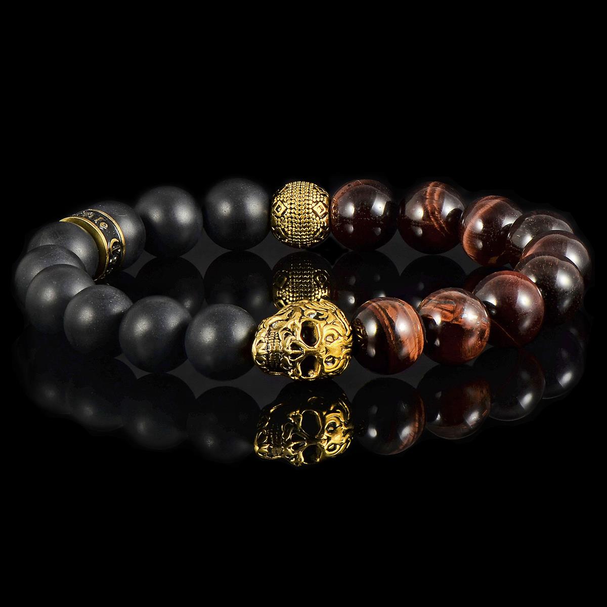 Single Skull Stretch Bracelet with 10mm Matte Black Onyx and Red Tiger Eye Beads