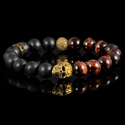 Single Skull Stretch Bracelet with 10mm Matte Black Onyx and Red Tiger Eye Beads