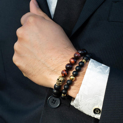 Single Skull Stretch Bracelet with 10mm Matte Black Onyx and Red Tiger Eye Beads