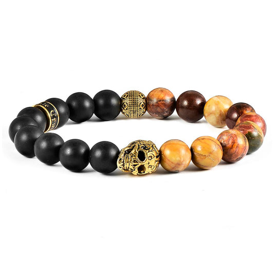 Crucible Jewelry Single Gold Skull Stretch Bracelet with 10mm Matte Black Onyx and Picasso Jasper Beads