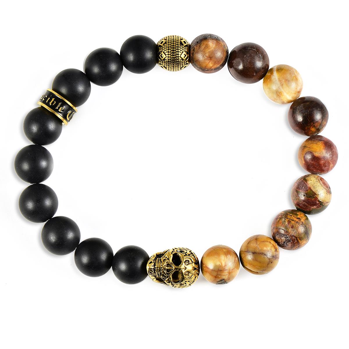 Single Gold Skull Stretch Bracelet with 10mm Matte Black Onyx and Picasso Jasper Beads