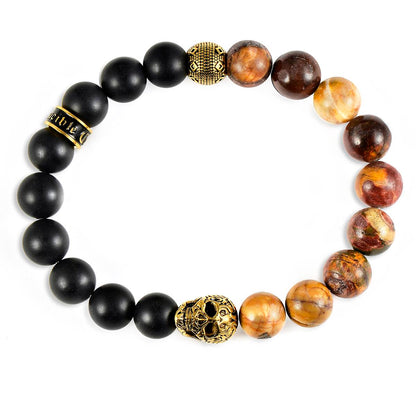 Single Gold Skull Stretch Bracelet with 10mm Matte Black Onyx and Picasso Jasper Beads