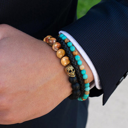 Single Gold Skull Stretch Bracelet with 10mm Matte Black Onyx and Picasso Jasper Beads