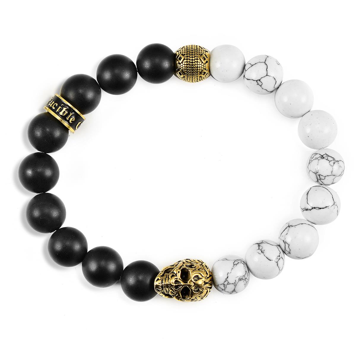 Crucible Jewelry Single Gold Skull Stretch Bracelet with 10mm Matte Black Onyx and Howlite Beads