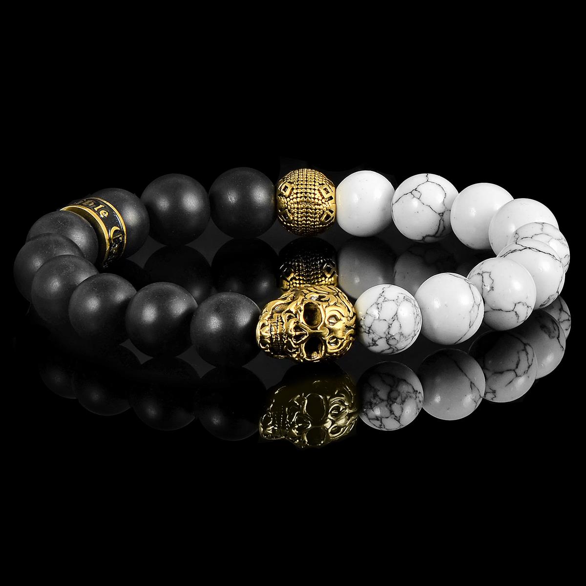 Crucible Jewelry Single Gold Skull Stretch Bracelet with 10mm Matte Black Onyx and Howlite Beads