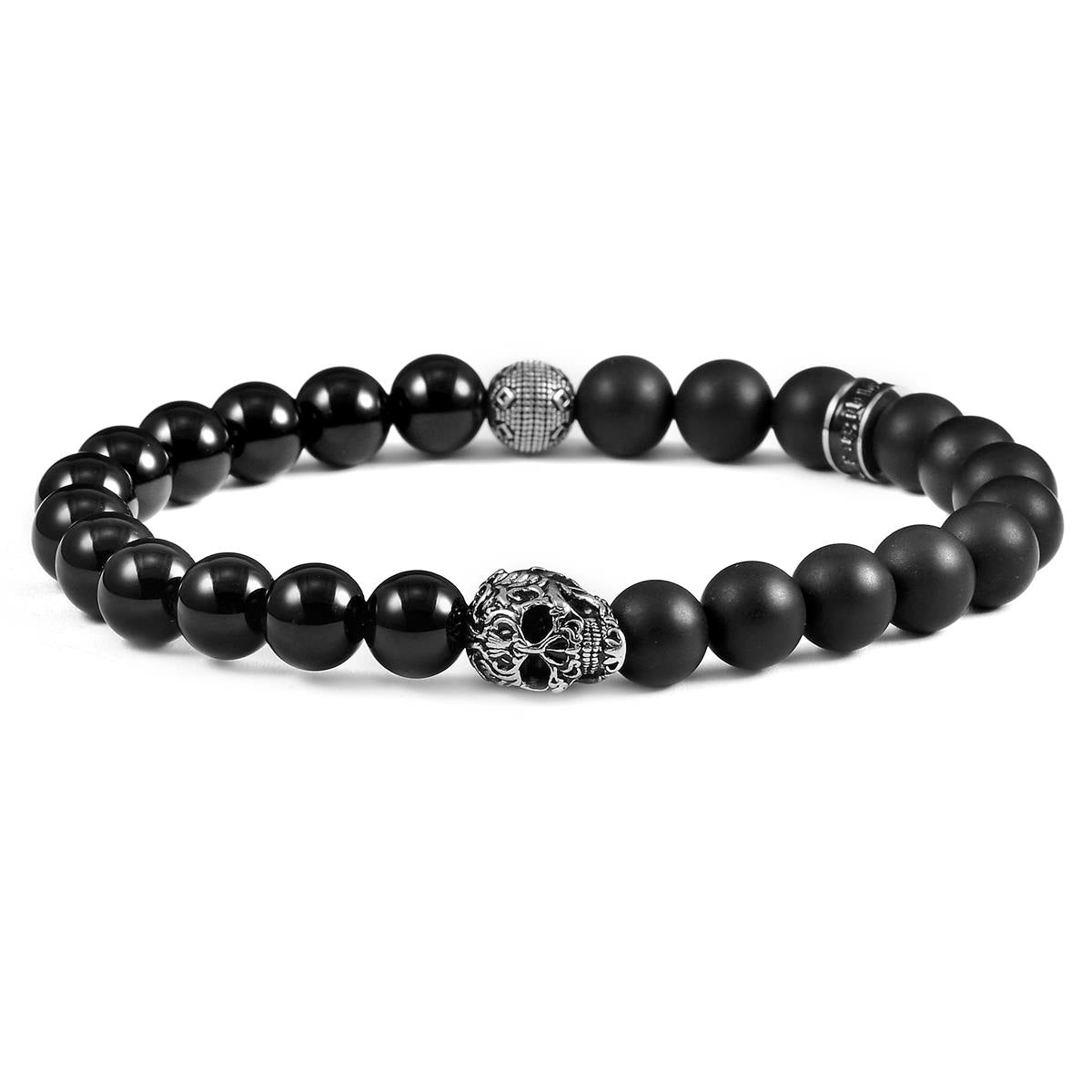 Single Skull Stretch Bracelet with 8mm Matte and Polished Black Onyx Beads