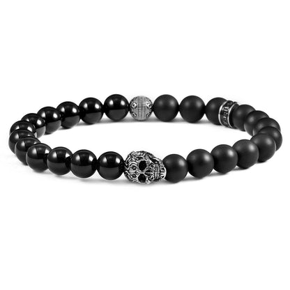 Single Skull Stretch Bracelet with 8mm Matte and Polished Black Onyx Beads