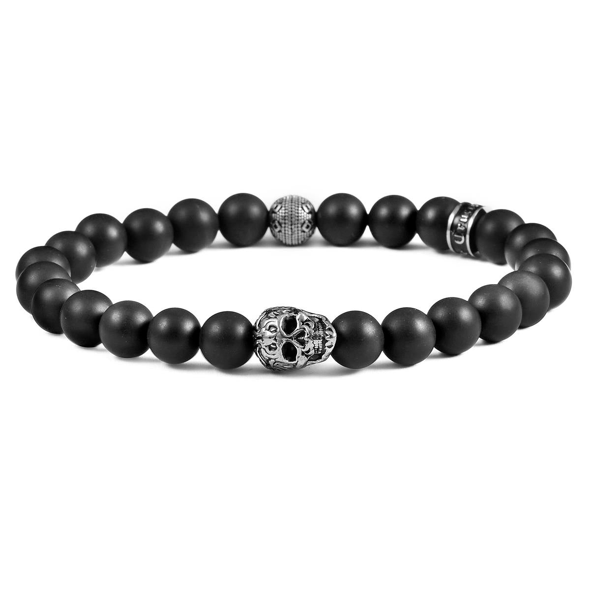 Single Skull Stretch Bracelet with 8mm Matte Black Onyx Beads