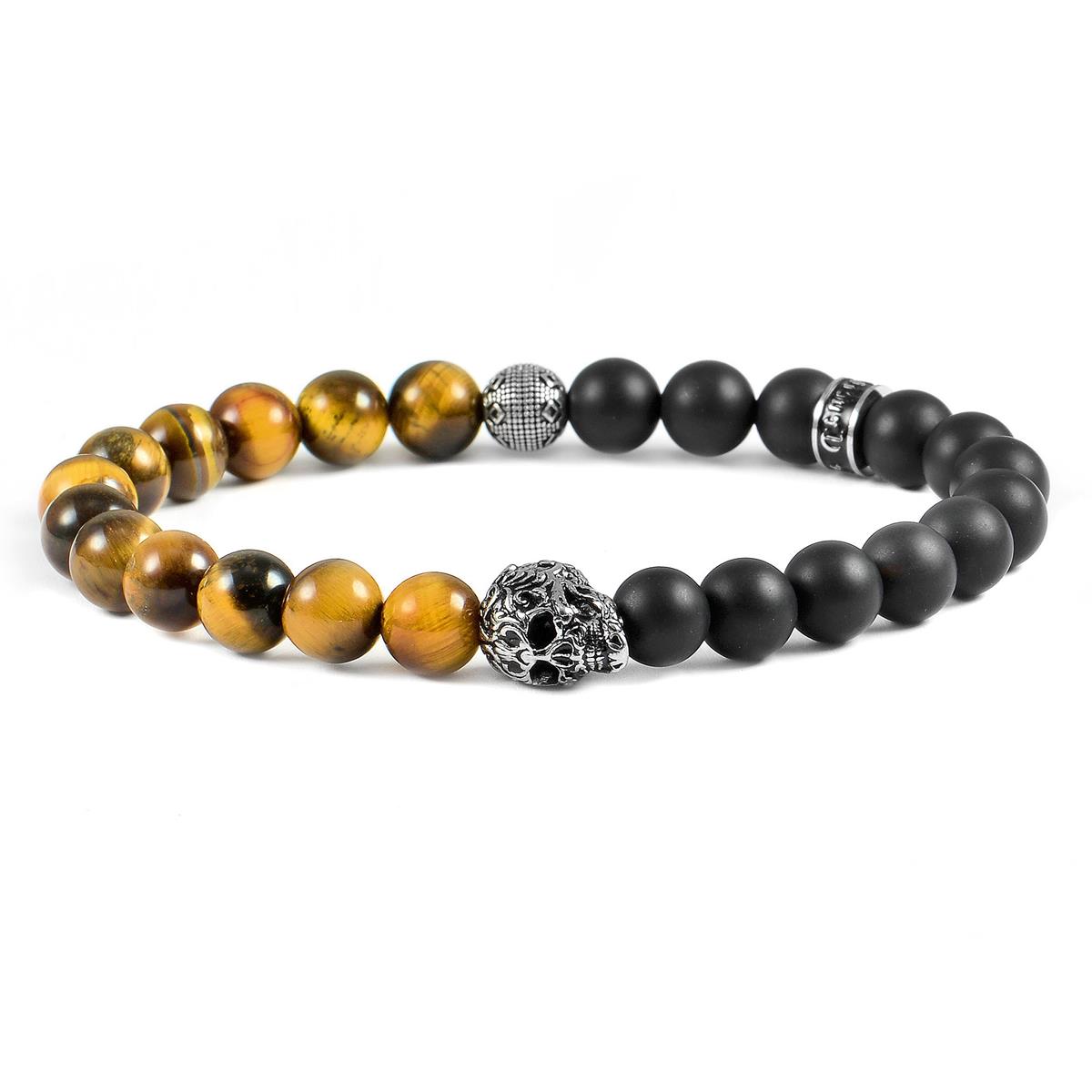 Single Skull Stretch Bracelet with 8mm Matte Black Onyx and Tiger Eye Beads