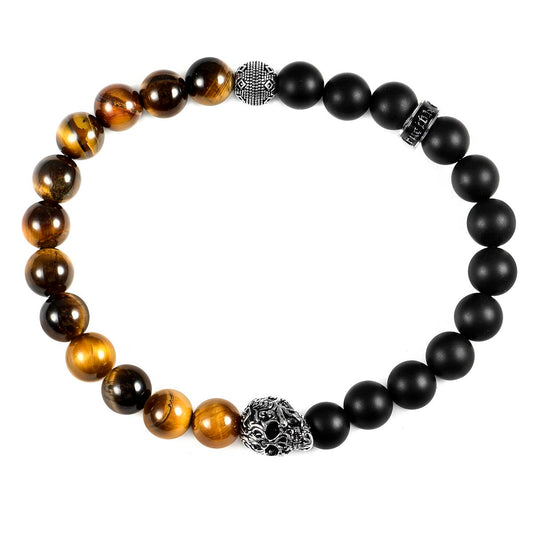 Men's Skull with Tiger Eye and Matte Onyx Stone Beads Stretch Bracelet (8mm)
