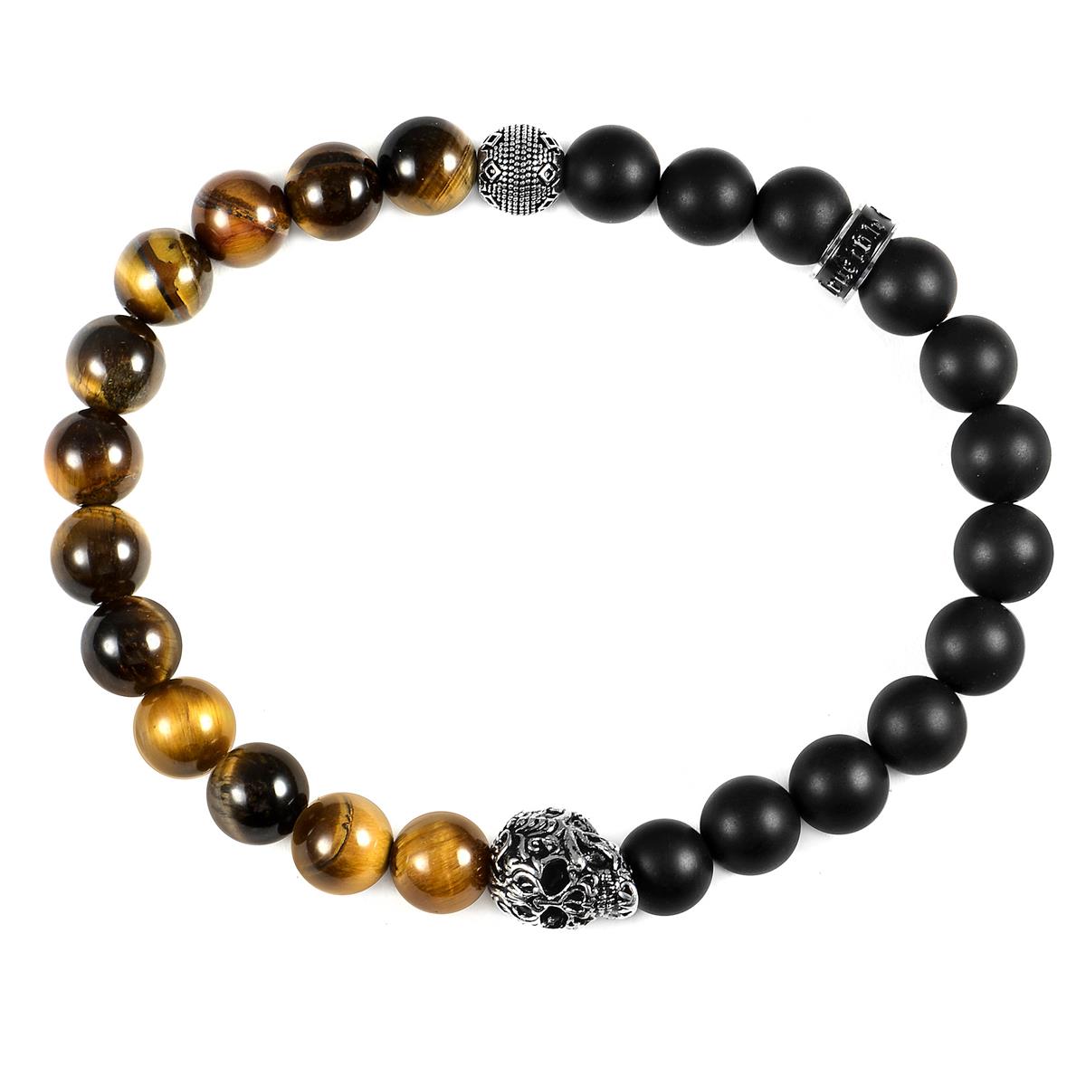 Single Skull Stretch Bracelet with 8mm Matte Black Onyx and Tiger Eye Beads