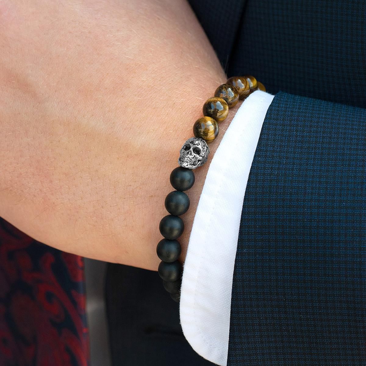 Single Skull Stretch Bracelet with 8mm Matte Black Onyx and Tiger Eye Beads